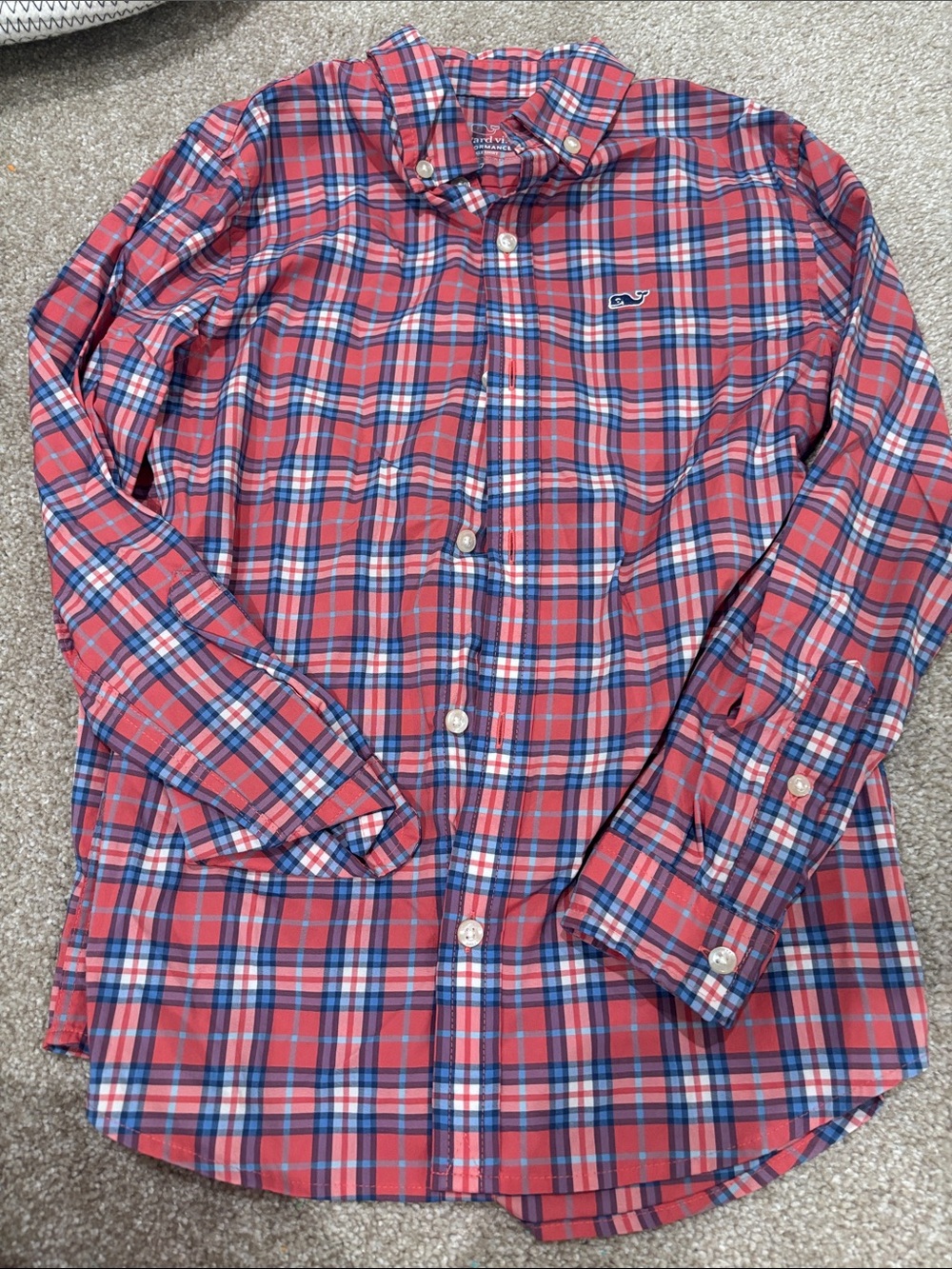 Boys Size 7 Performance Vineyard Vines Red and Blue Plaid Button-Down Shirt